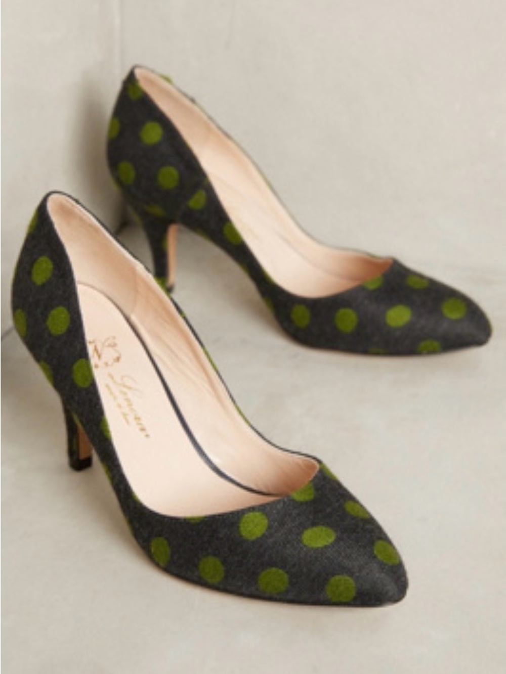 Anthropologie Lenora "Dotted Vera" Olive Green Polka Dot Pumps – 38 / 7.5-8